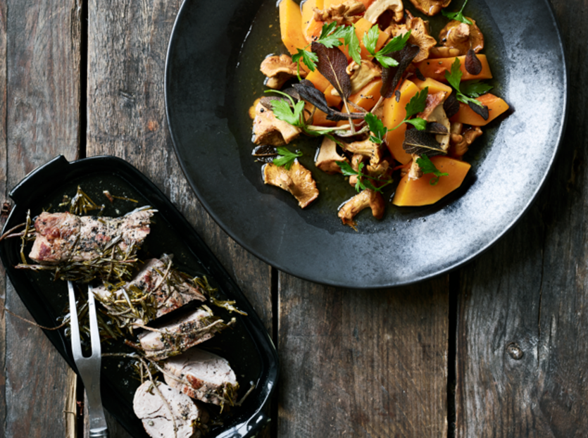 Svinefilet med rosmarin, græskar, champignon og citron