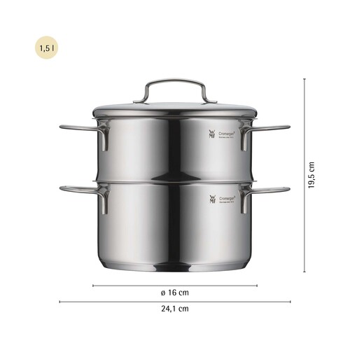 Mini gryde 16 cm /1,5L med dampindsats + låg, rustfrit stål 